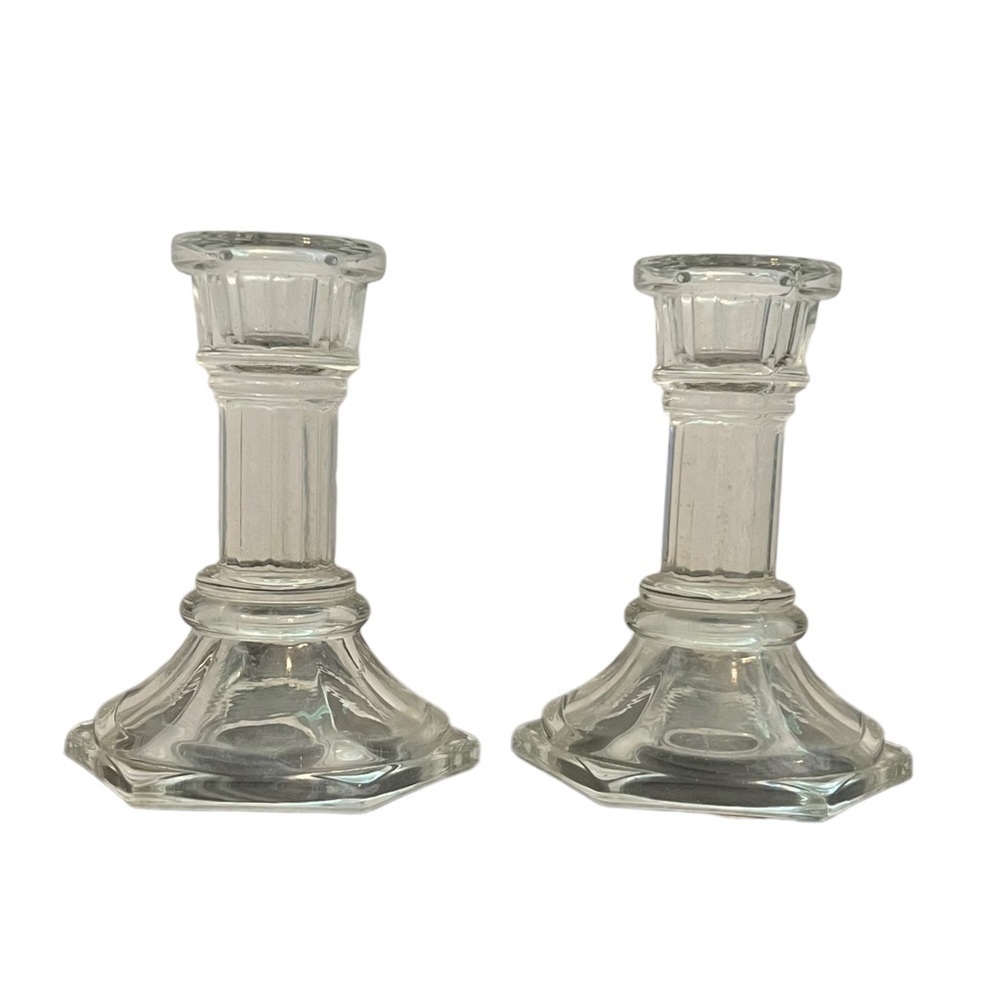 Set of 2 Vintage Crystal‎ Candlesticks Hexagonal 4in Tall Clear Glass